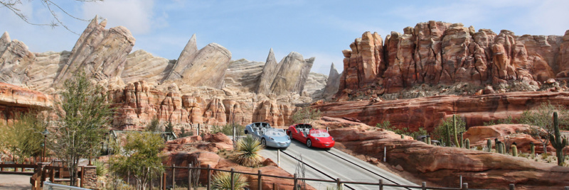 RADIATOR SPRINGS RACERS -- Coming to Disney California Adventure park June 15, 2012, Cars Land features three immersive family attractions showcasing characters and settings from the Disney-Pixar film, "Cars," including one of the largest and most elaborate attractions ever created for a Disney park: Radiator Springs Racers, shown here during testing, is a twisting turning, high-speed adventure through Ornament Valley and the town of Radiator Springs. (Paul Hiffmeyer/Disneyland Resort)