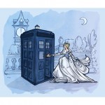 Disney princesses in the presence of TARDIS, the time travel machine featured in the cult classic Doctor Who.