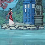 Disney princesses in the presence of TARDIS, the time travel machine featured in the cult classic Doctor Who.