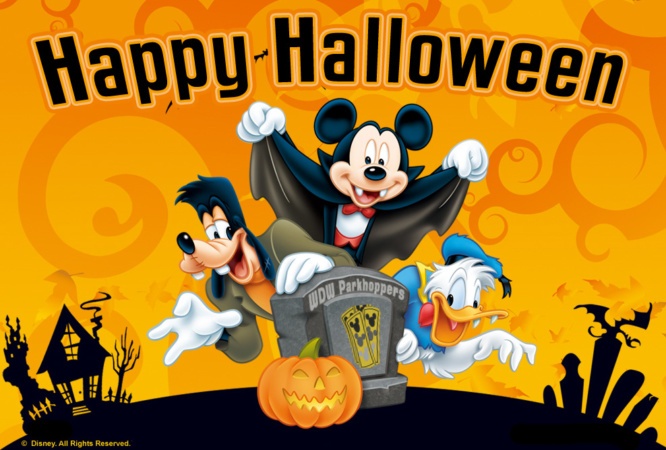 Happy Halloween from WDW Parkhoppers Mickey Mouse, Donald Duck, Goofy and Walt Disney World Resort