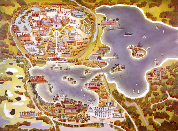 A vintage Walt Disney World map from the Disney archives shows many attractions and 3 resorts that were never built
